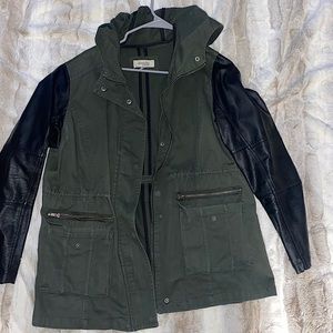 Green and Black Leather Sleeve Jacket